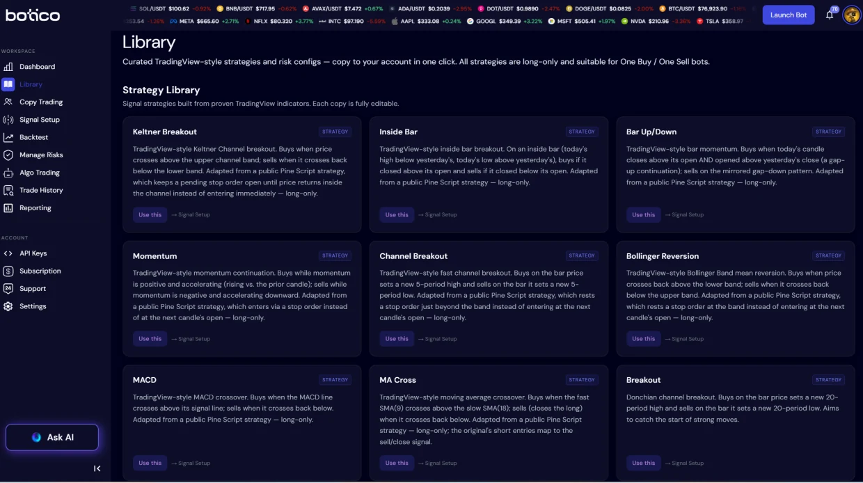 Botico strategy Library with ready-made trading strategies